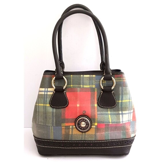 Dooney & Bourke Handbags - VTG Dooney & Bourke Madras Plaid Ladybug Satchel Top Handle Bag Blk Pebbled Trim